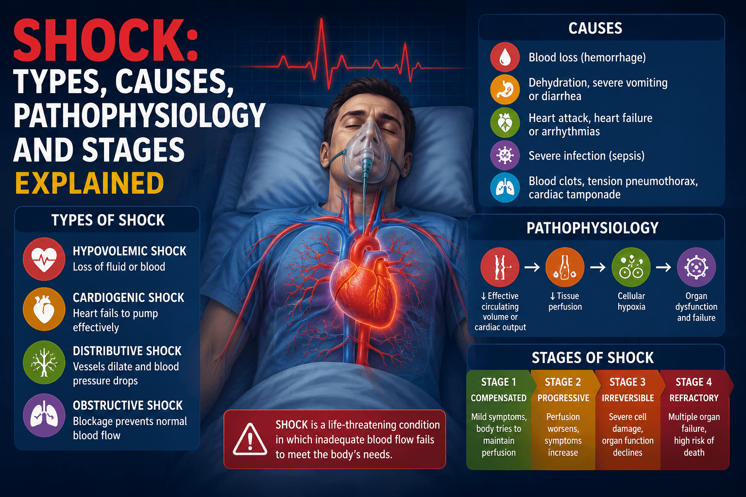 Shock: Types, Causes, Pathophysiology and Stages Explained